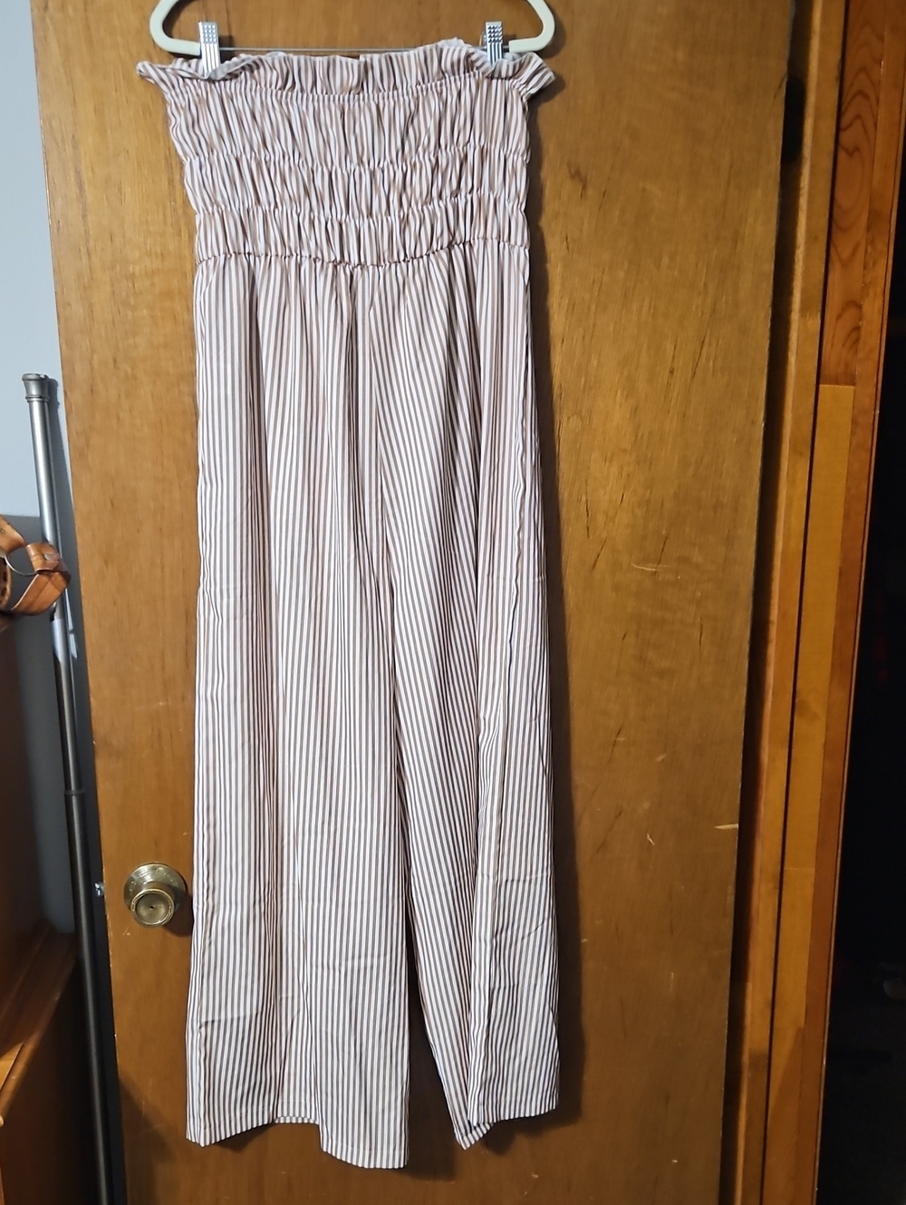 SHEIN Light Tan & White Striped Smocked Wide-Leg Jumpsuit Pants - Picture 2 of 7